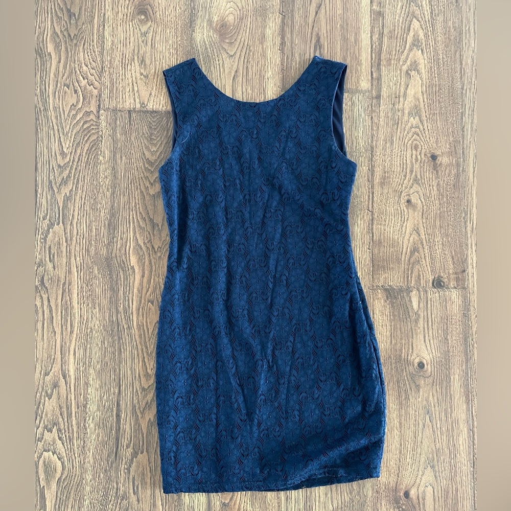 Navy Blue Dress with Lace Overlay